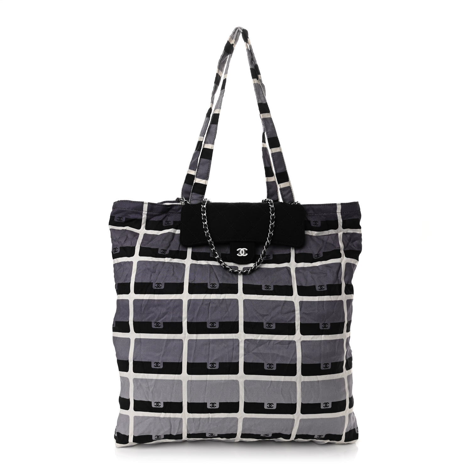 Chanel Jersey Fabric Quilted Foldable Tote With Chain Black Multicolor 2 of 25