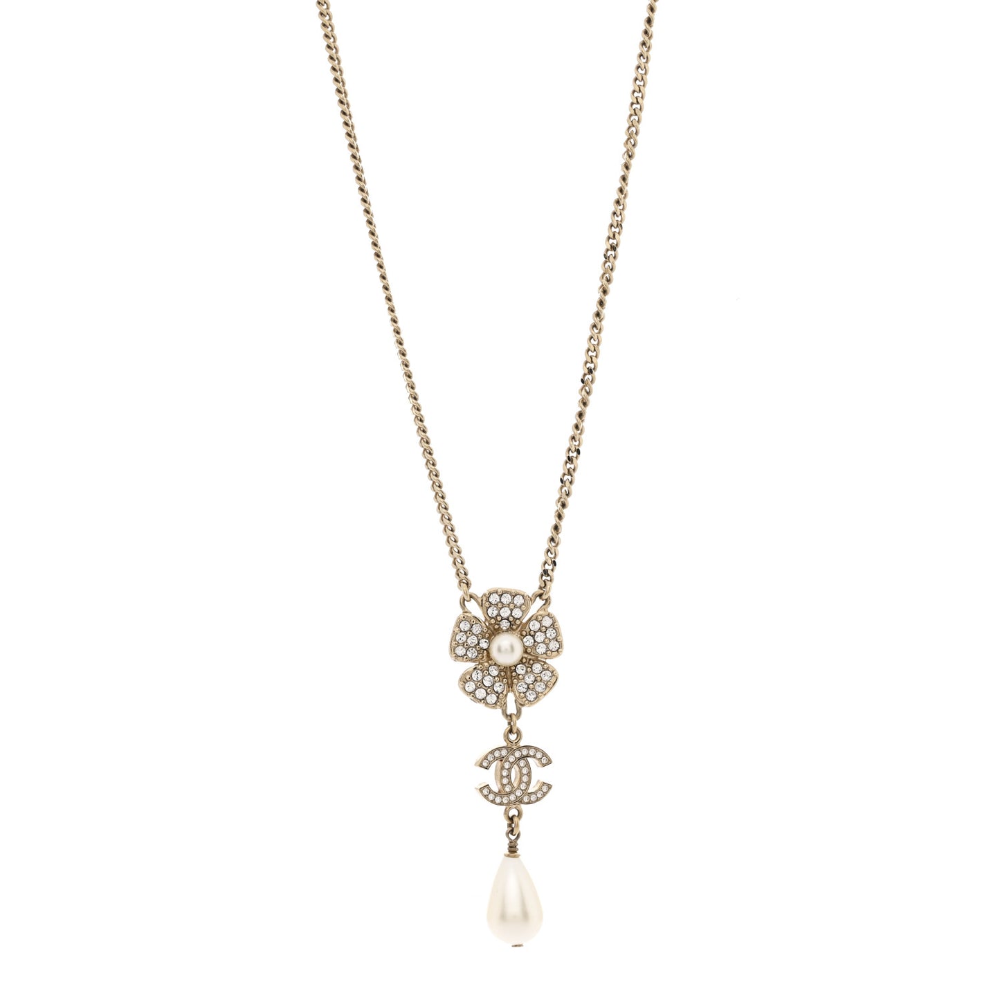 Crystal Pearl CC Flower Drop Necklace Gold
