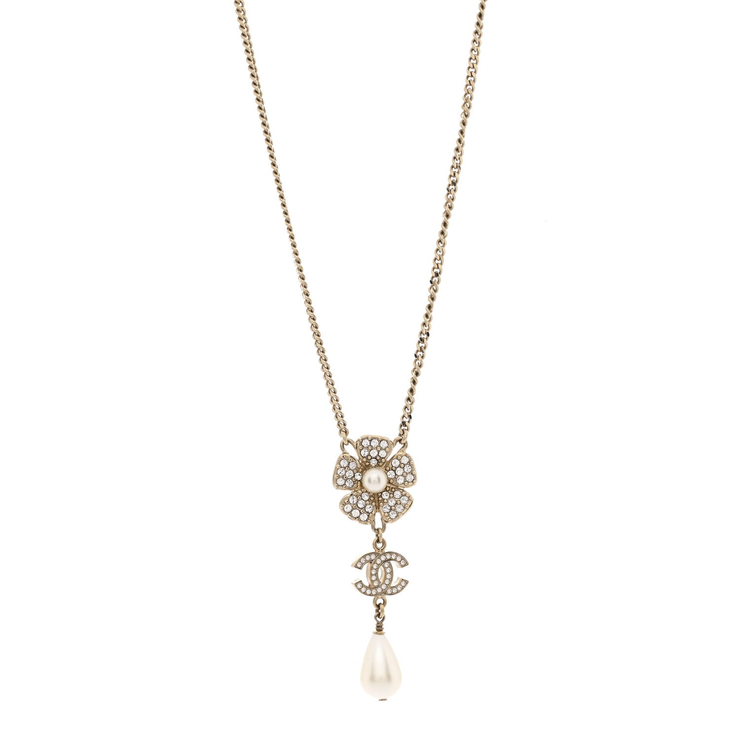 Chanel Crystal Pearl CC Flower Drop Necklace Gold 1 of 7
