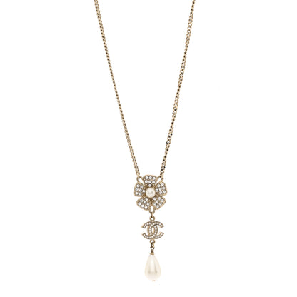 Chanel Crystal Pearl CC Flower Drop Necklace Gold 1 of 7