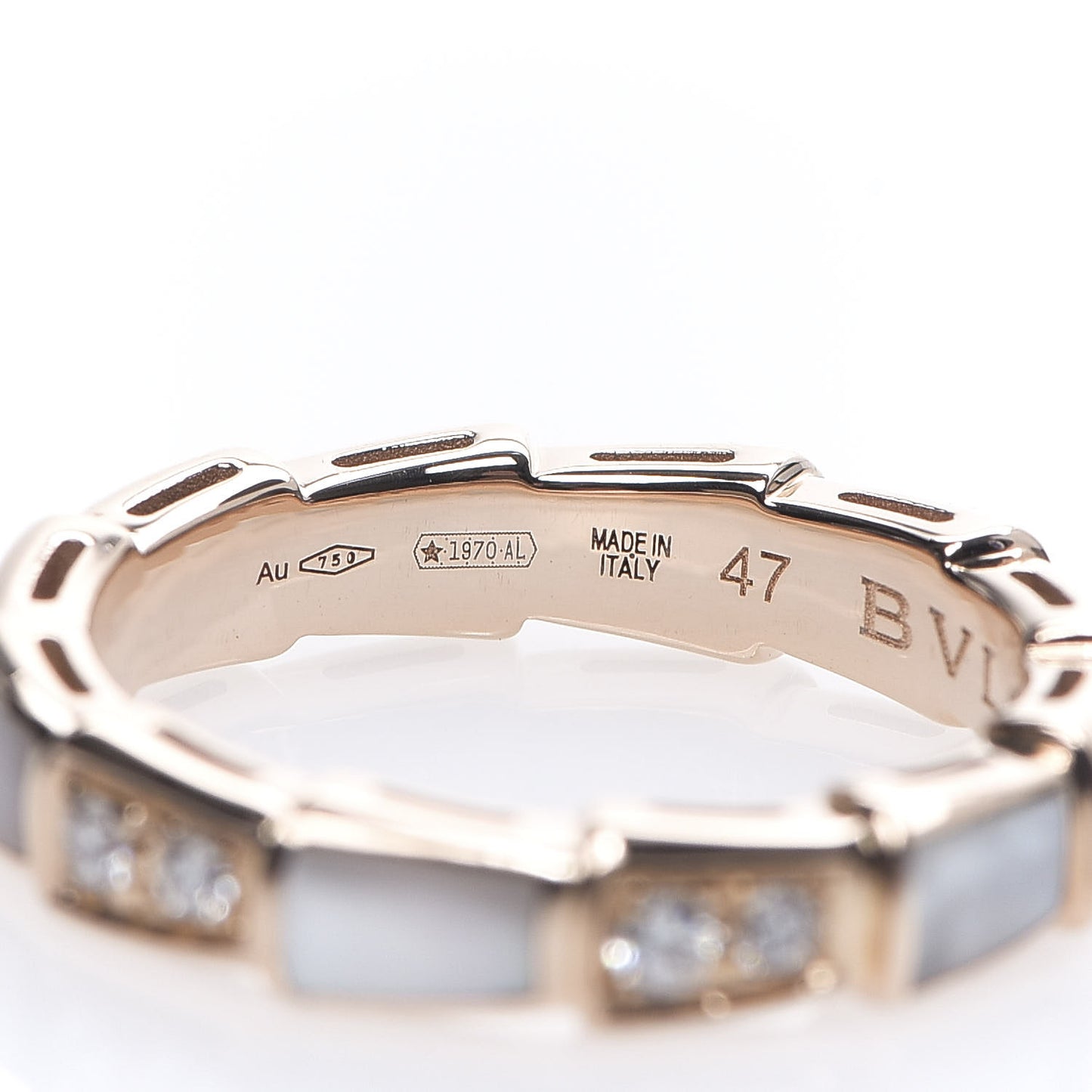 18K Rose Gold Diamond Mother of Pearl 4mm Serpenti Viper Band Ring 47 4