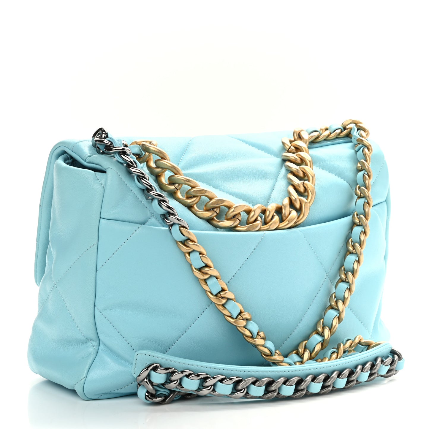 Shiny Lambskin Quilted Large Chanel 19 Flap Light Blue