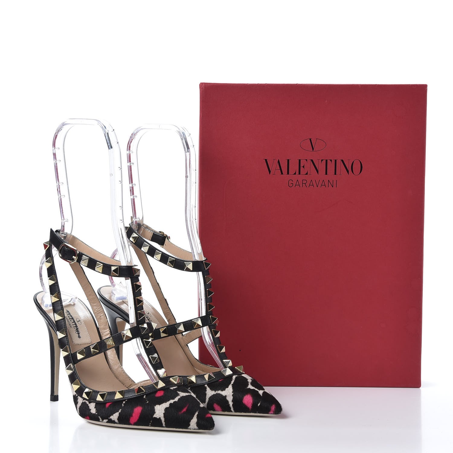 Valentino Garavani Calf Hair Leopard Print Rockstud Ankle Strap Pumps 35.5 Black Pink 9 of 9