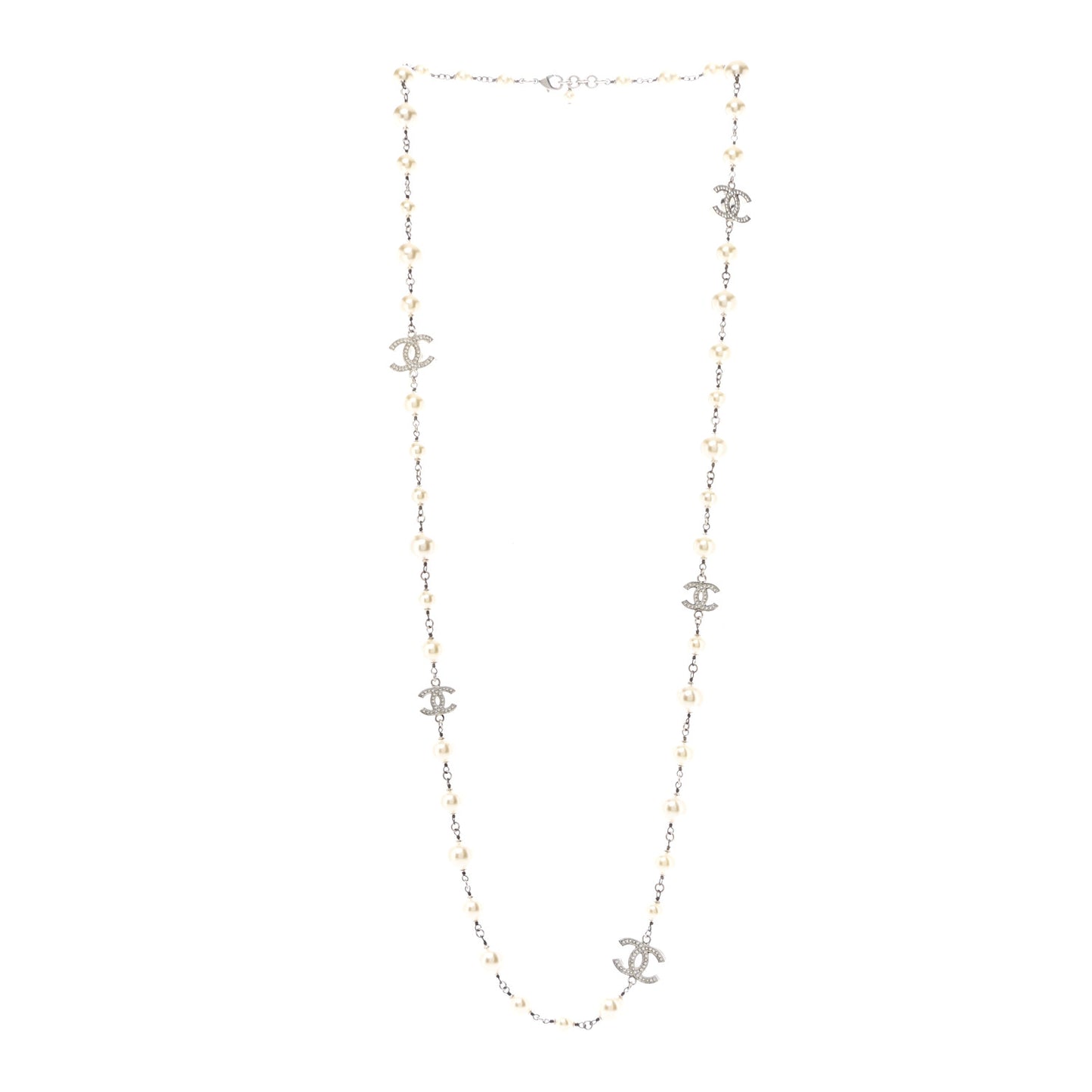Crystal Pearl CC Long Necklace Silver