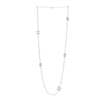Chanel Crystal Pearl CC Long Necklace Silver 3 of 7