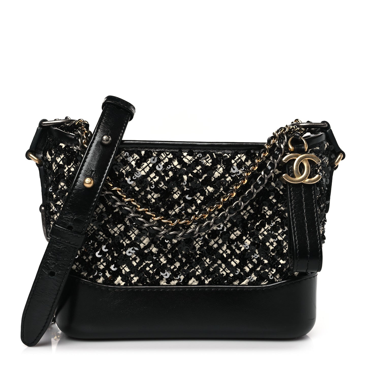 Tweed Sequin Calfskin Small Gabrielle Hobo Beige Black