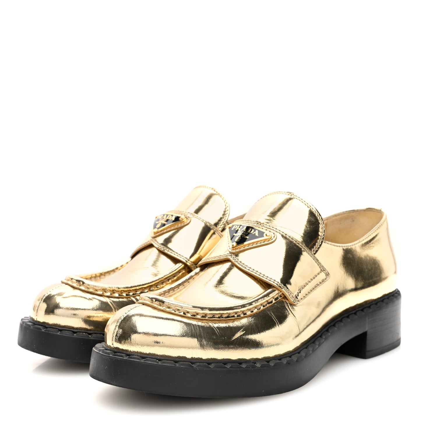 Metallic Brushed Calfskin Metal Triangle Logo 50mm Loafers 39 Platino
