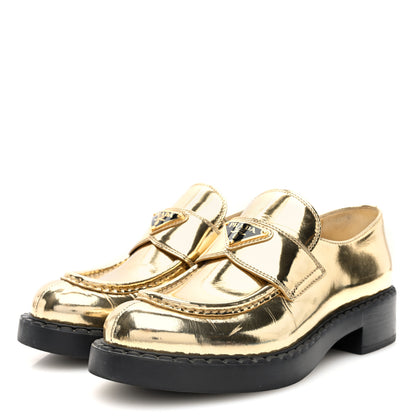 Prada Metallic Brushed Calfskin Metal Triangle Logo 50mm Loafers 39 Platino 2 of 7