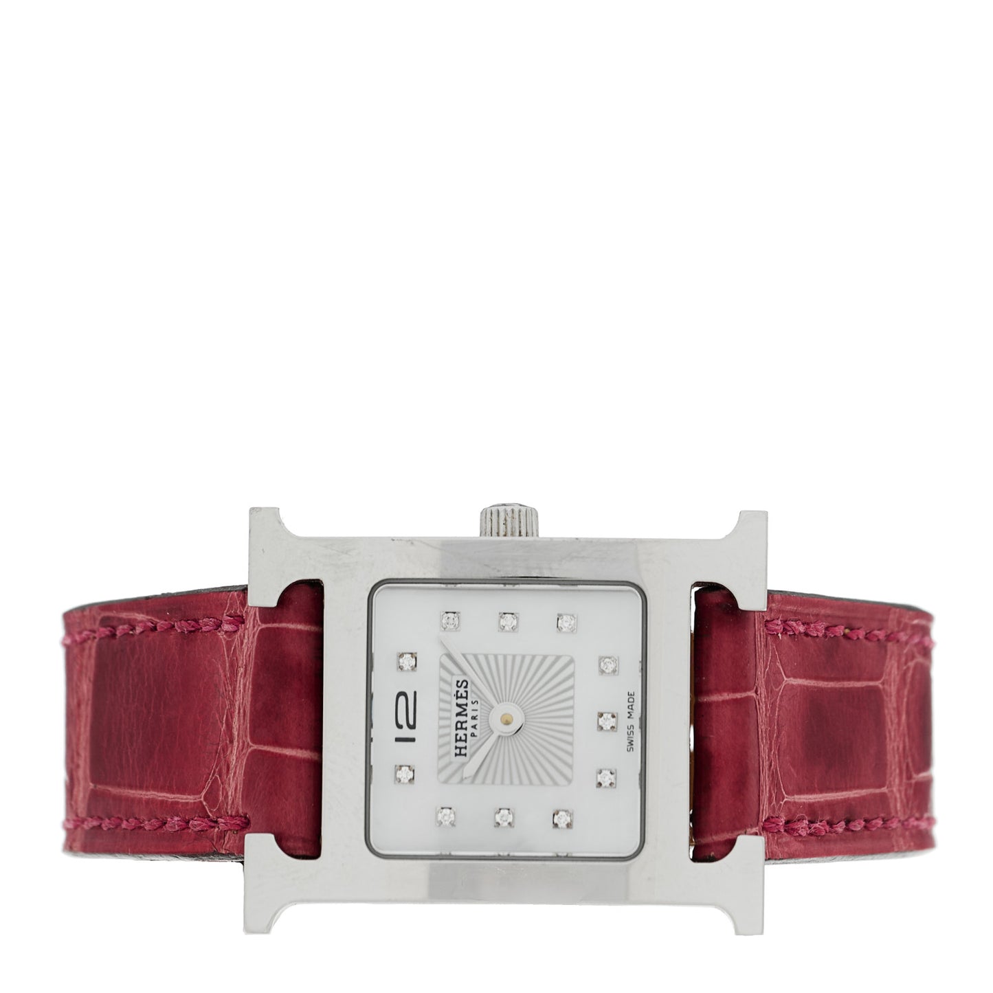Stainless Steel Alligator Diamond Mother of Pearl 21mm Heure H Hour Quartz Watch Framboise