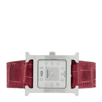 Hermes Stainless Steel Alligator Diamond Mother of Pearl 21mm Heure H Hour Quartz Watch Framboise 2 of 4