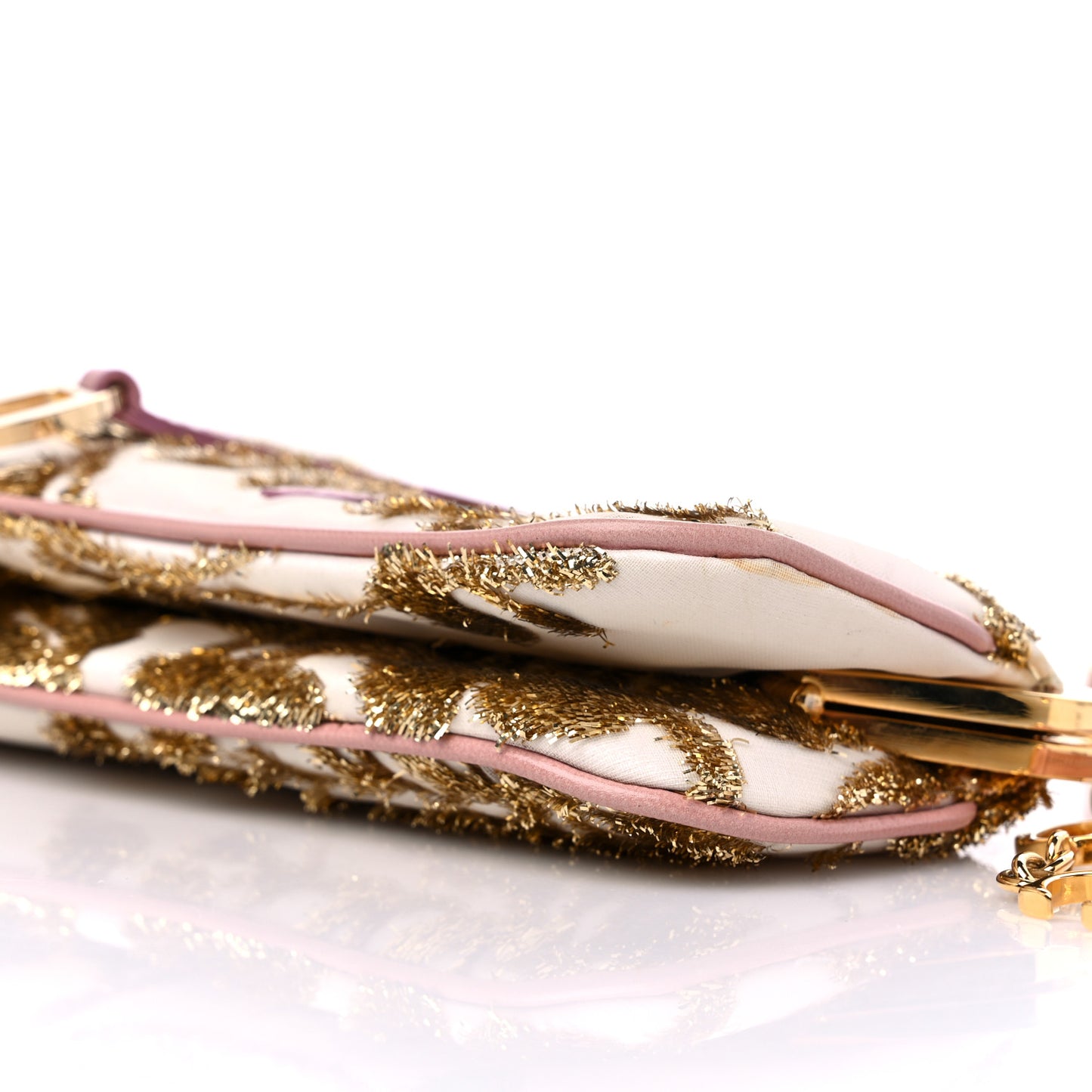Satin Embroidered Mini Frame Saddle White Gold Pink