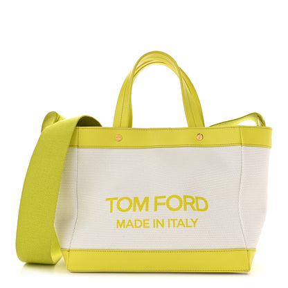 Tom Ford Canvas Calfskin Mini Logo Tote White Yellow 1 of 10