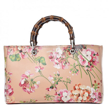 Gucci Shangai Calfskin Blooms Print Medium Bamboo Shopper Tote Pink Apricot Multicolor 2 of 16