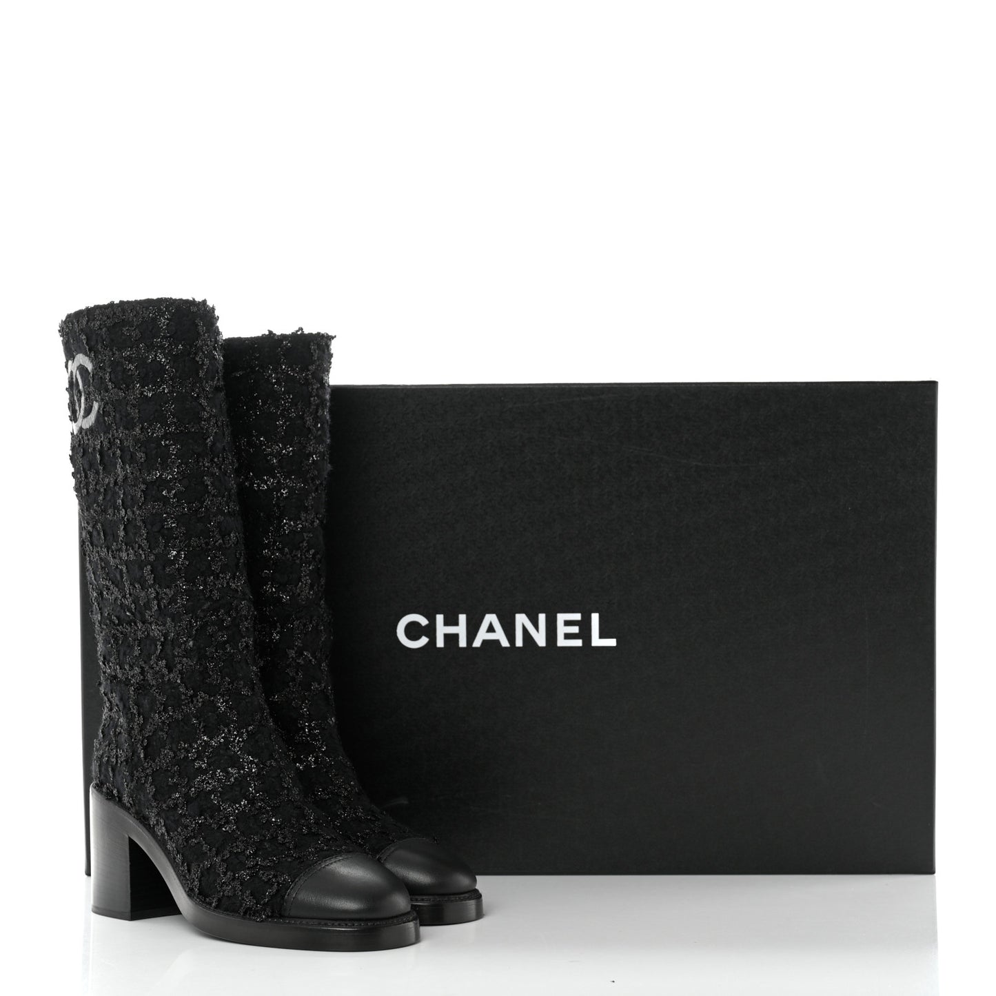 Iridescent Wool Silk Tweed Calfskin CC Cap Toe High Boots 39 Black