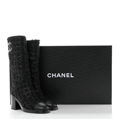 Chanel Iridescent Wool Silk Tweed Calfskin CC Cap Toe High Boots 39 Black 9 of 9