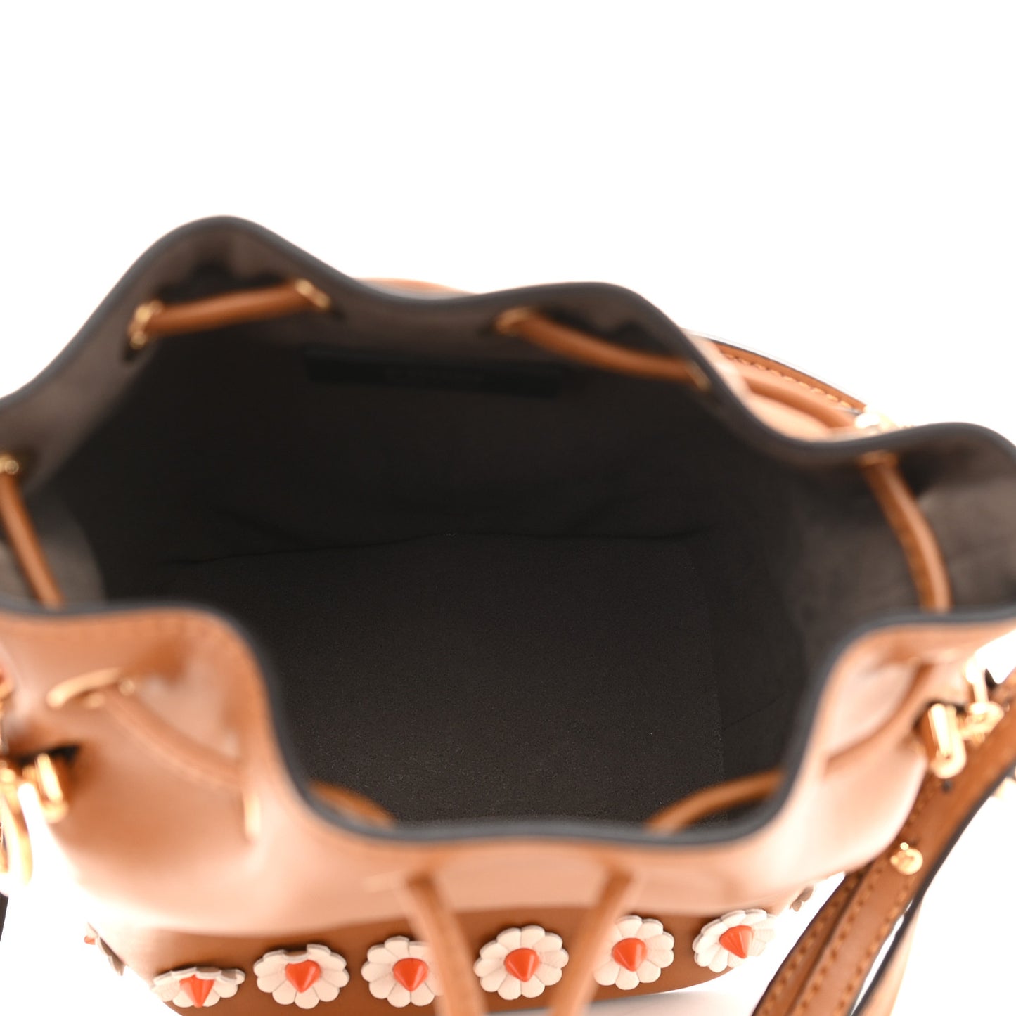 Vitello Liberty F is Fendi Floral Embellished Mini Mon Tresor Bucket Bag Caramello