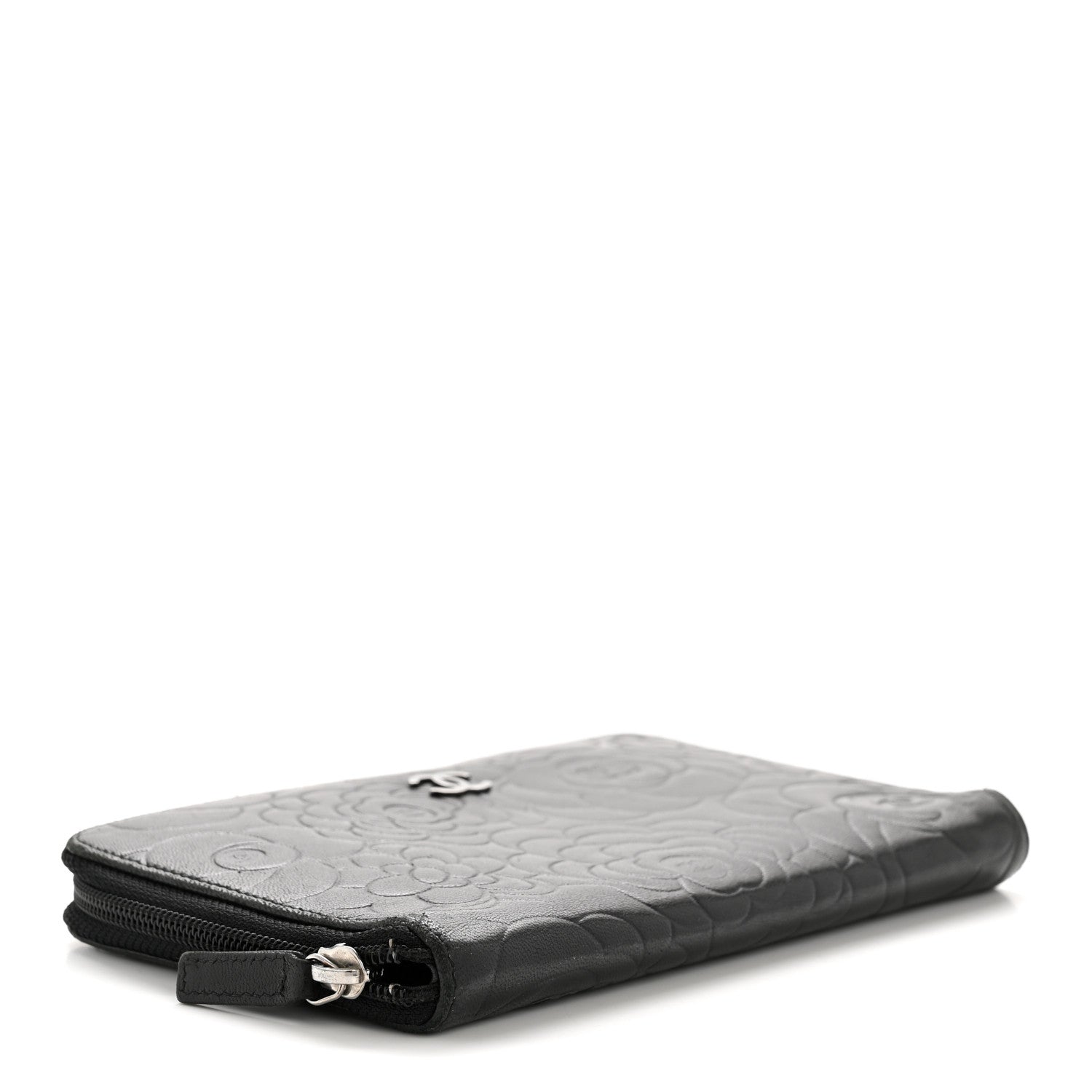 Chanel Lambskin Camellia Embossed Zip Around Organizer Wallet