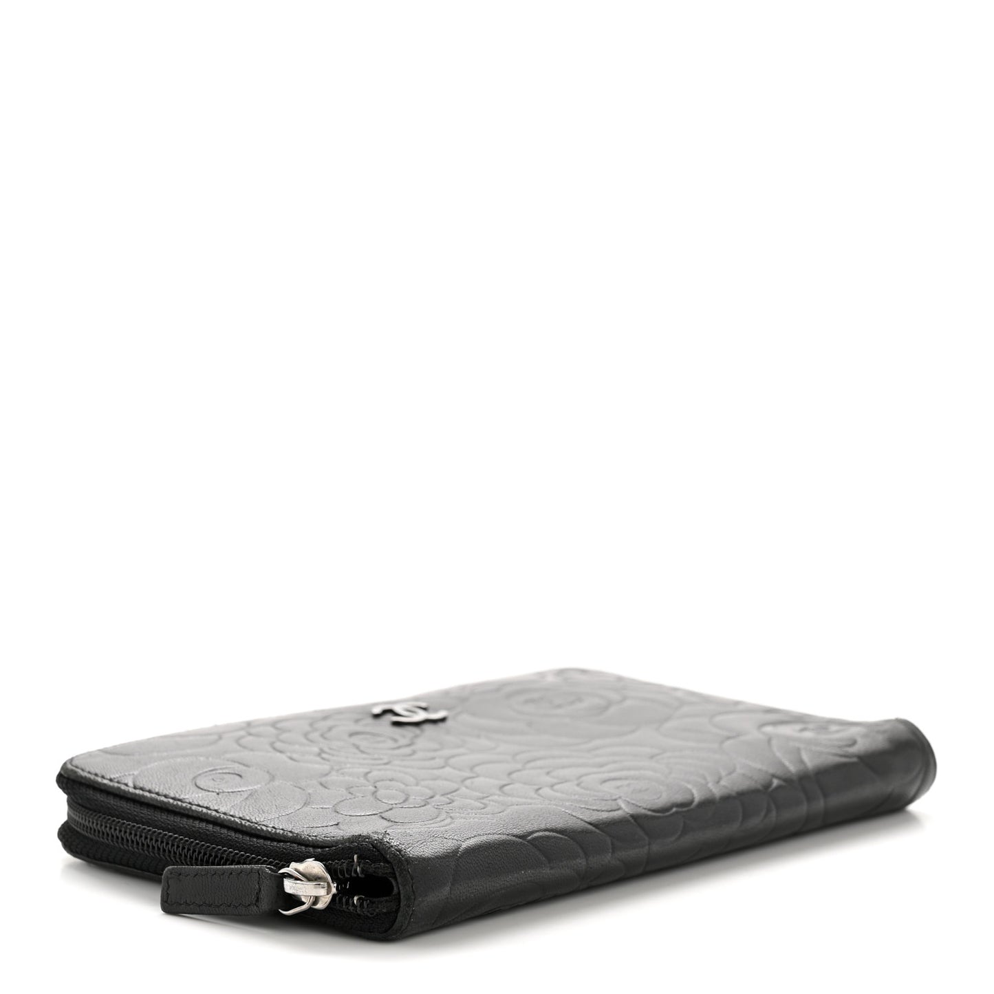 Lambskin Camellia Embossed Zip Around Organizer Wallet Black