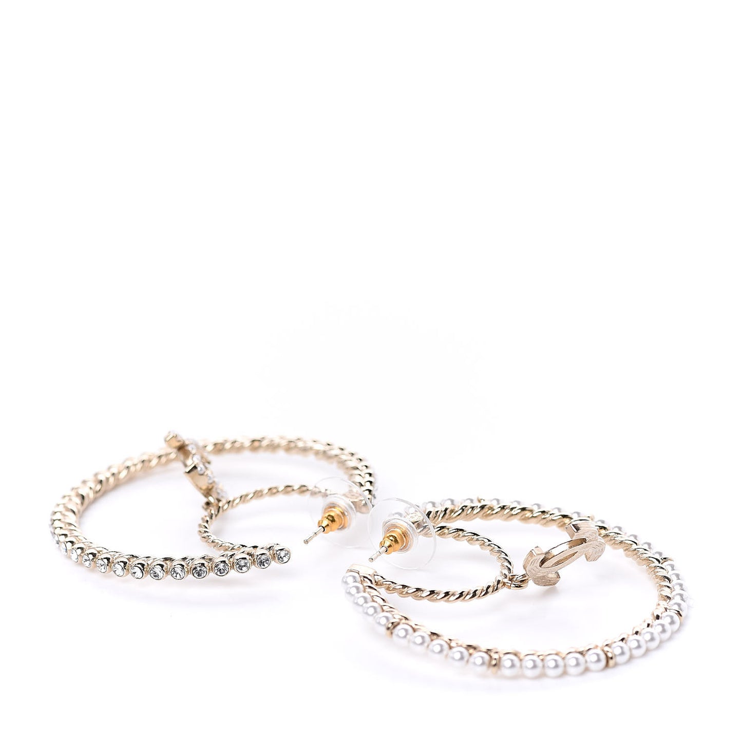 Crystal Pearl CC Drop Hoop Earrings Gold Pearly White