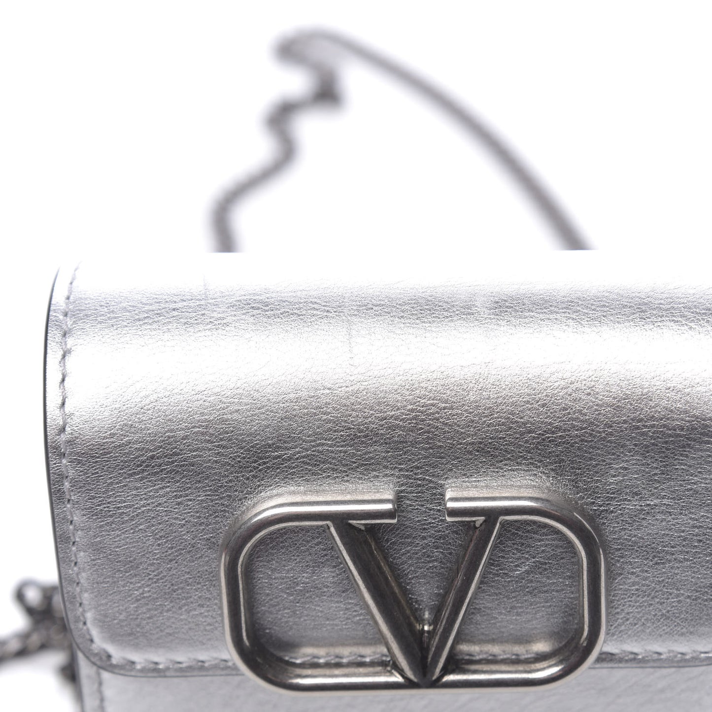 Metallic Calfskin Vlogo Compact Wallet with Chain Silver