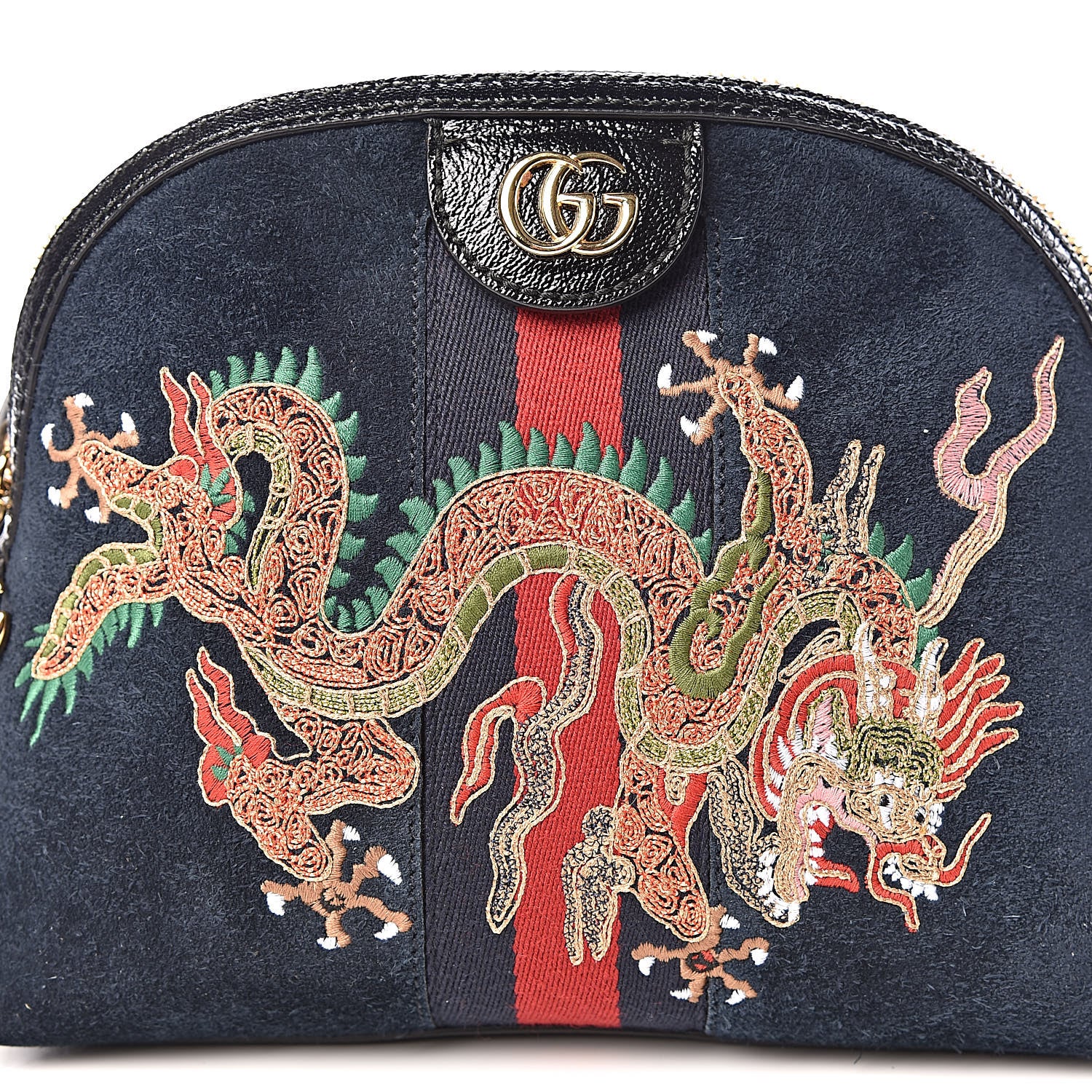 Gucci Suede Patent Dragon Embroidered Small Ophidia Dome Shoulder Bag Blue Multicolor Black 14 of 14