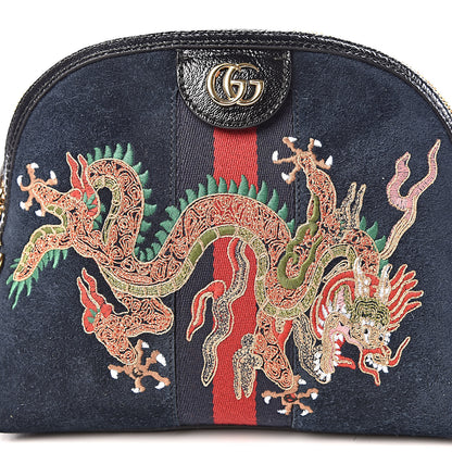 Gucci Suede Patent Dragon Embroidered Small Ophidia Dome Shoulder Bag Blue Multicolor Black 14 of 14
