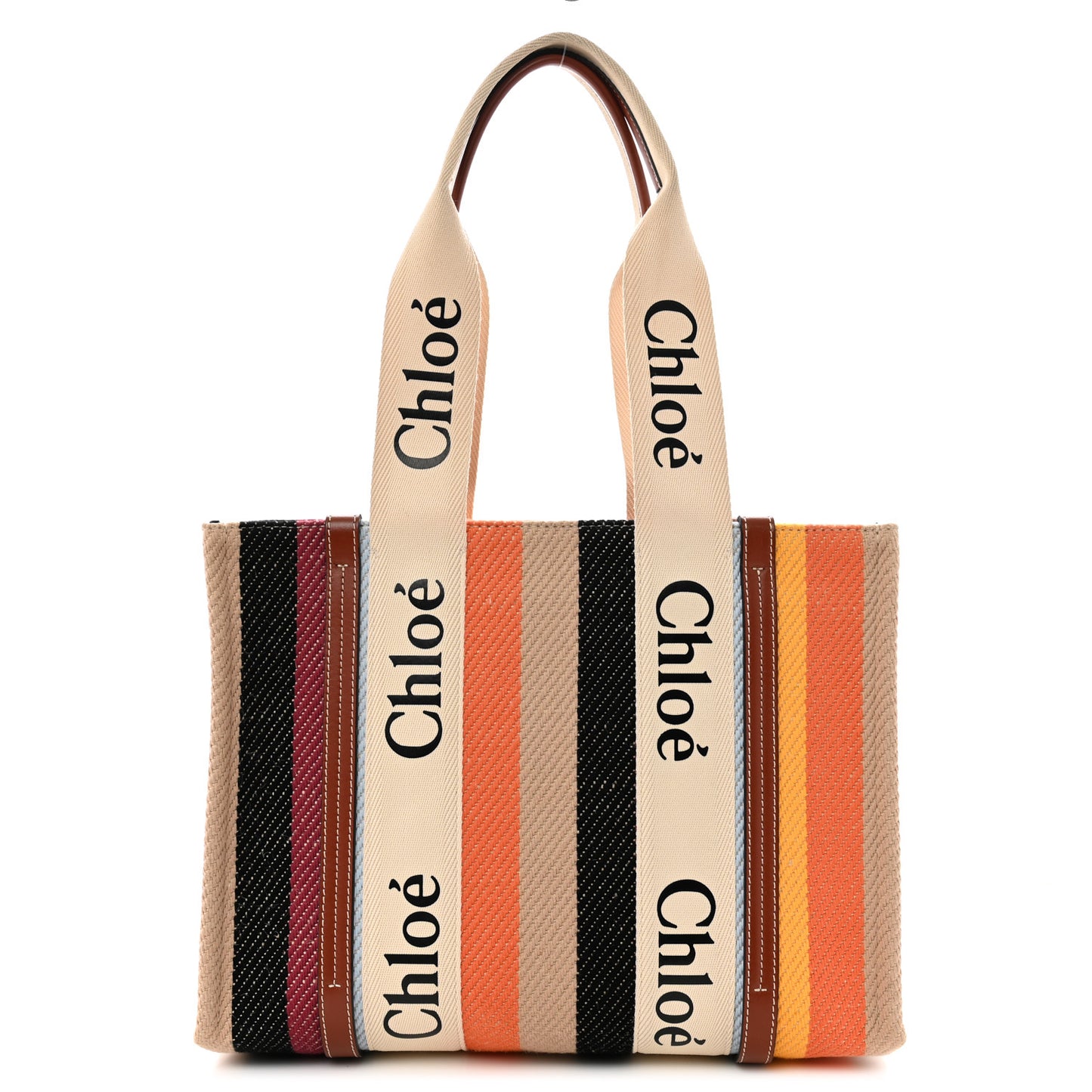 Cotton Calfskin Medium Woody Striped Tote Multicolor