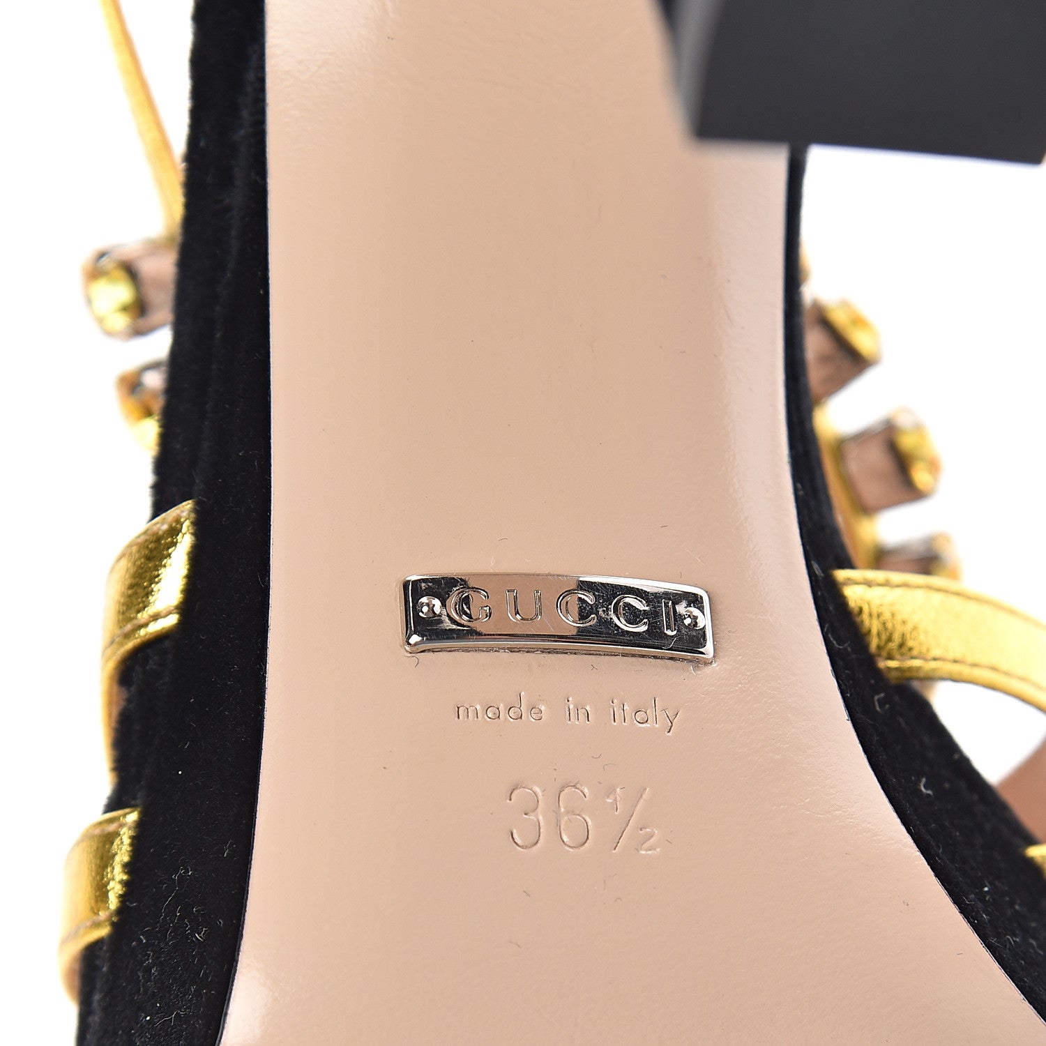 Gucci Velvet Nappa Crystal Zephyra Slingback Platform High Heel Sandals 36.5 Black Gold 6 of 7