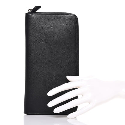 Prada Saffiano Metal Zip Around Travel Wallet Black 2 of 10