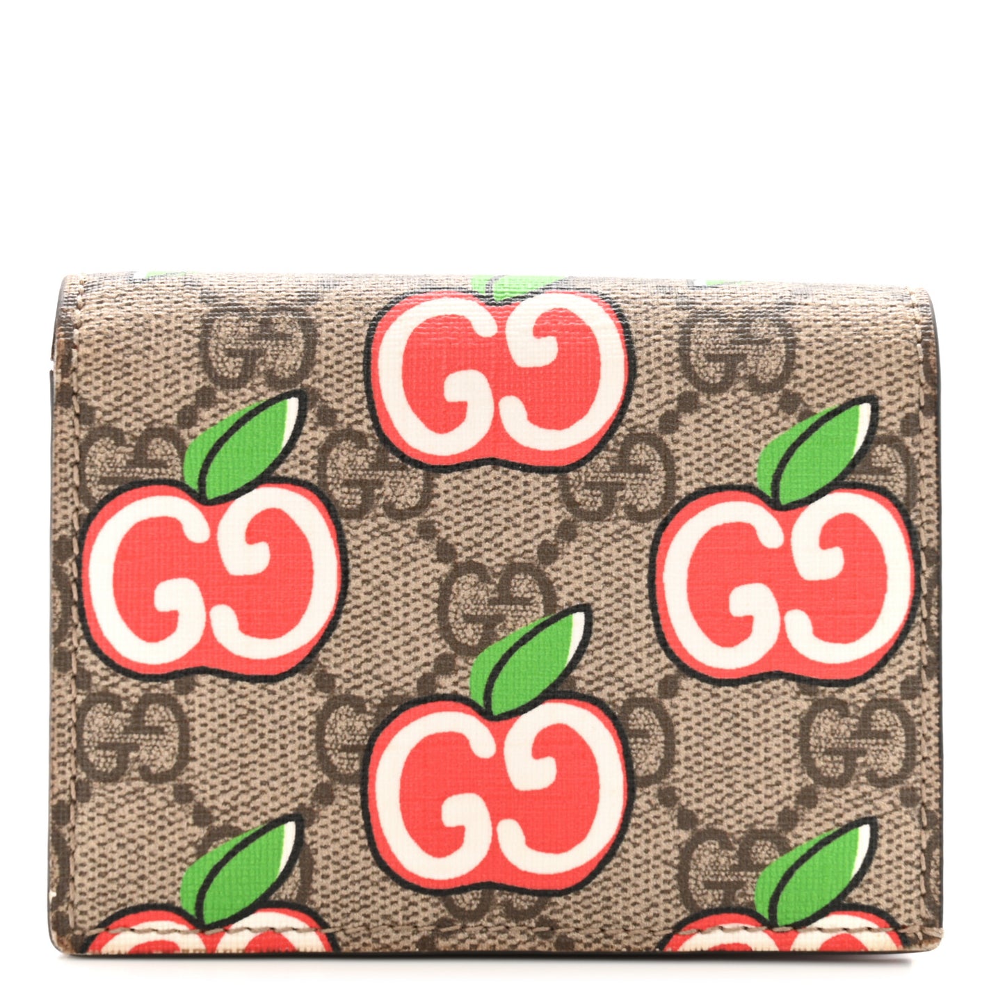 GG Supreme Monogram Apple Card Case Wallet Beige Multicolor Lobster Red