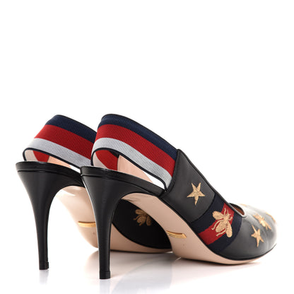 Gucci Malaga Kid Web Bee Star Embroidered Sylvie Mid Heel Slingback Pumps 40 Black 4 of 9