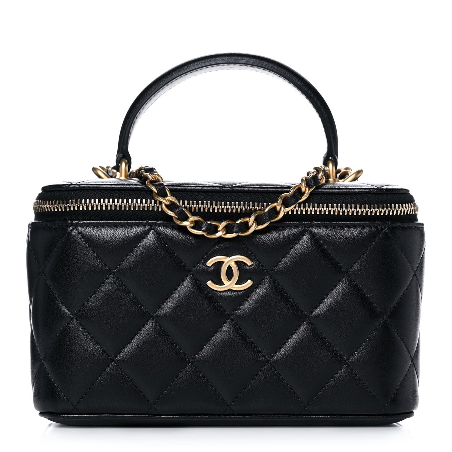Lambskin Quilted Small Top Handle Vanity Case With Chain Black