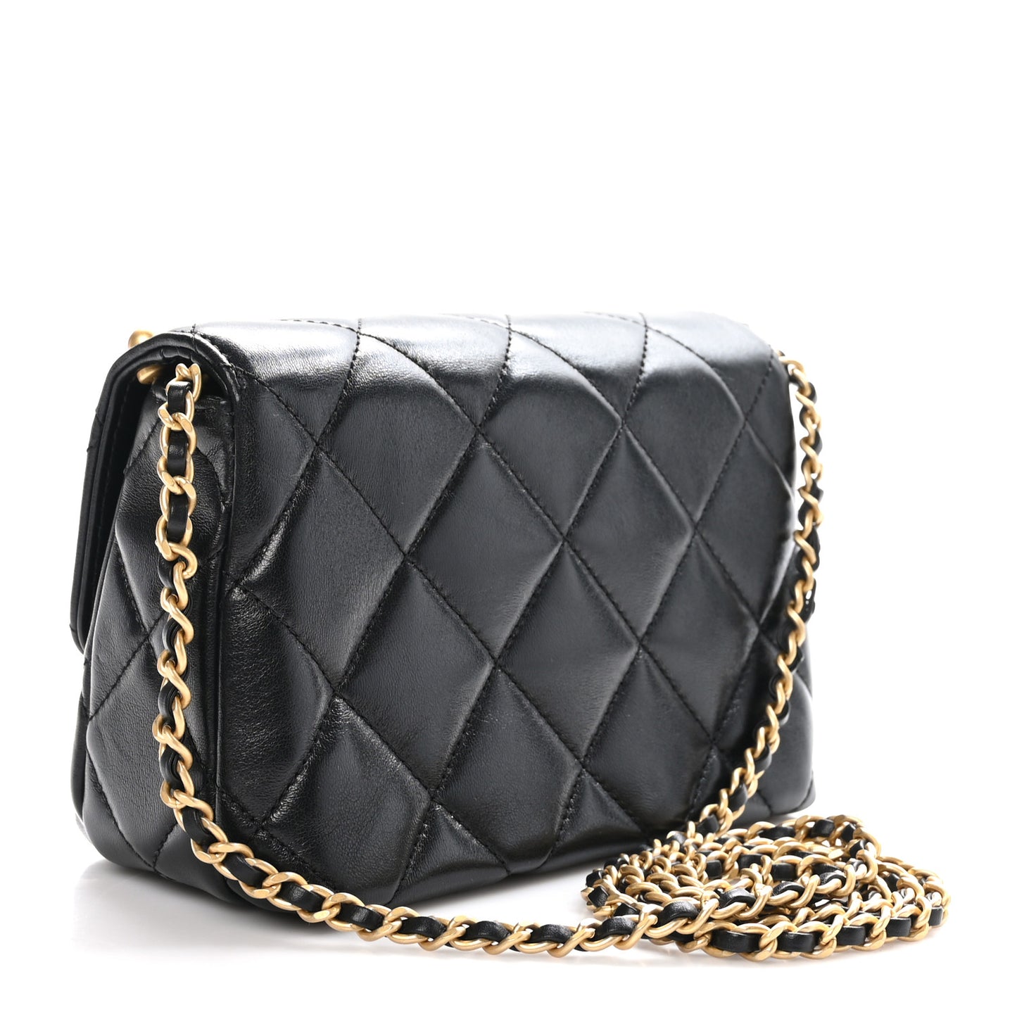 Shiny Lambskin Quilted Mini Pearl Logo Flap Black