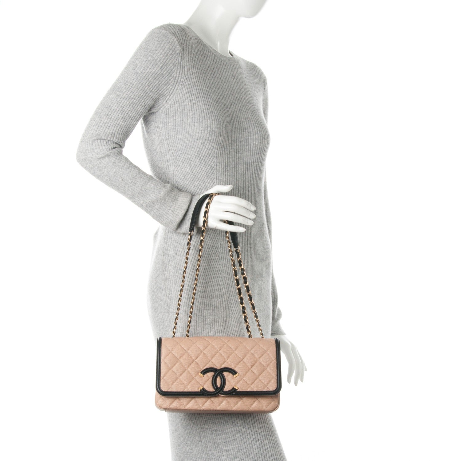 Chanel Caviar Quilted Medium CC Filigree Flap Beige Black 3 of 8