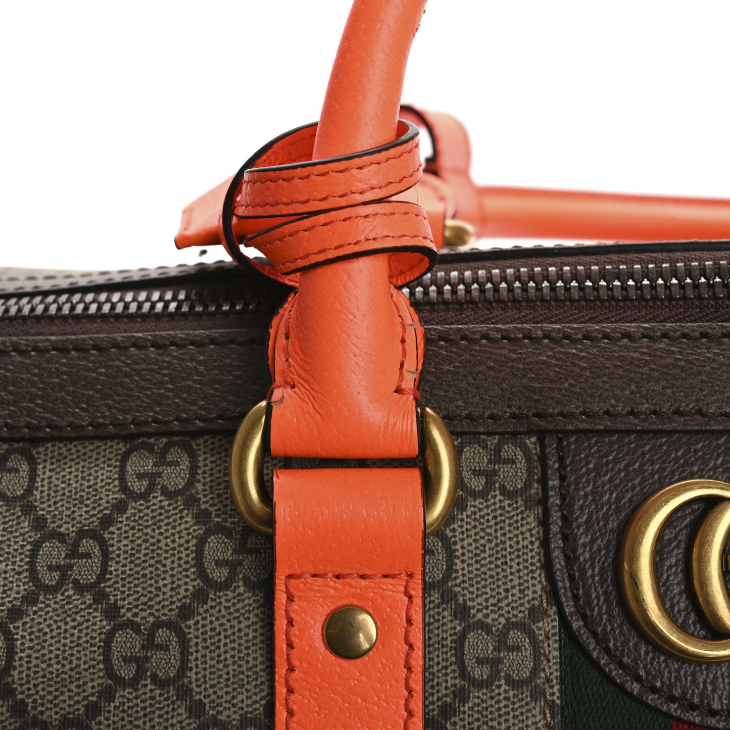 GG Supreme Monogram Textured Dollar Calfskin Web Medium Savoy Duffle Bag Beige Ebony Fluorescent Orange