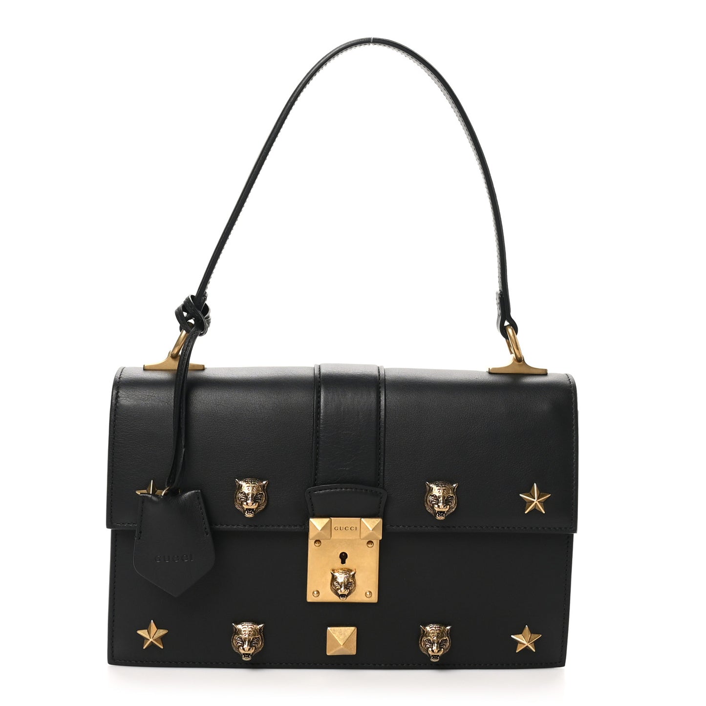 Calfskin Medium Cat Lock Top Handle Bag Black