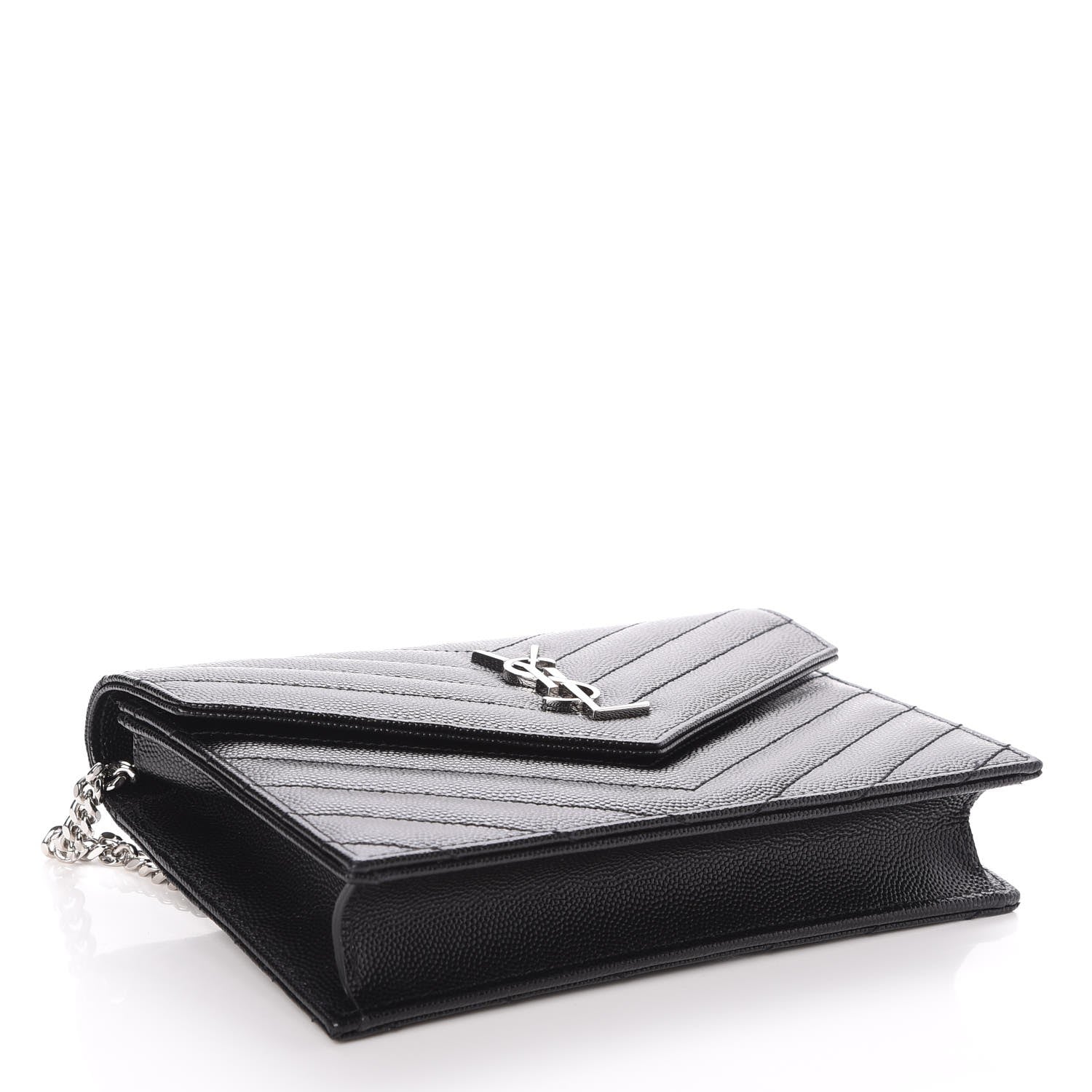 Saint Laurent Grain De Poudre Matelasse Chevron Monogram Envelope Chain Wallet Black 4 of 7