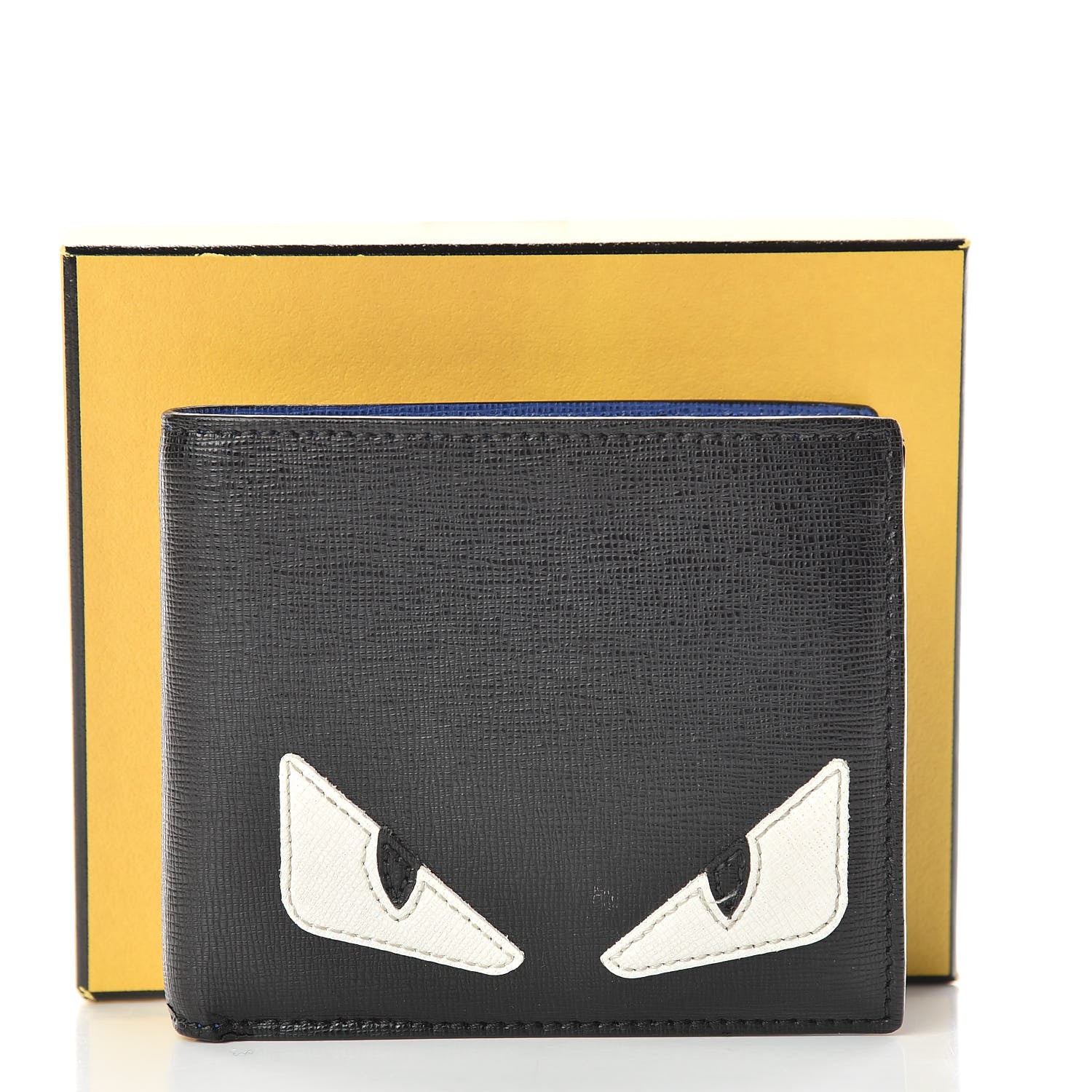 Fendi Vitello Elite Monster Eyes Inlay Bi-Fold Wallet Asfalto Blue