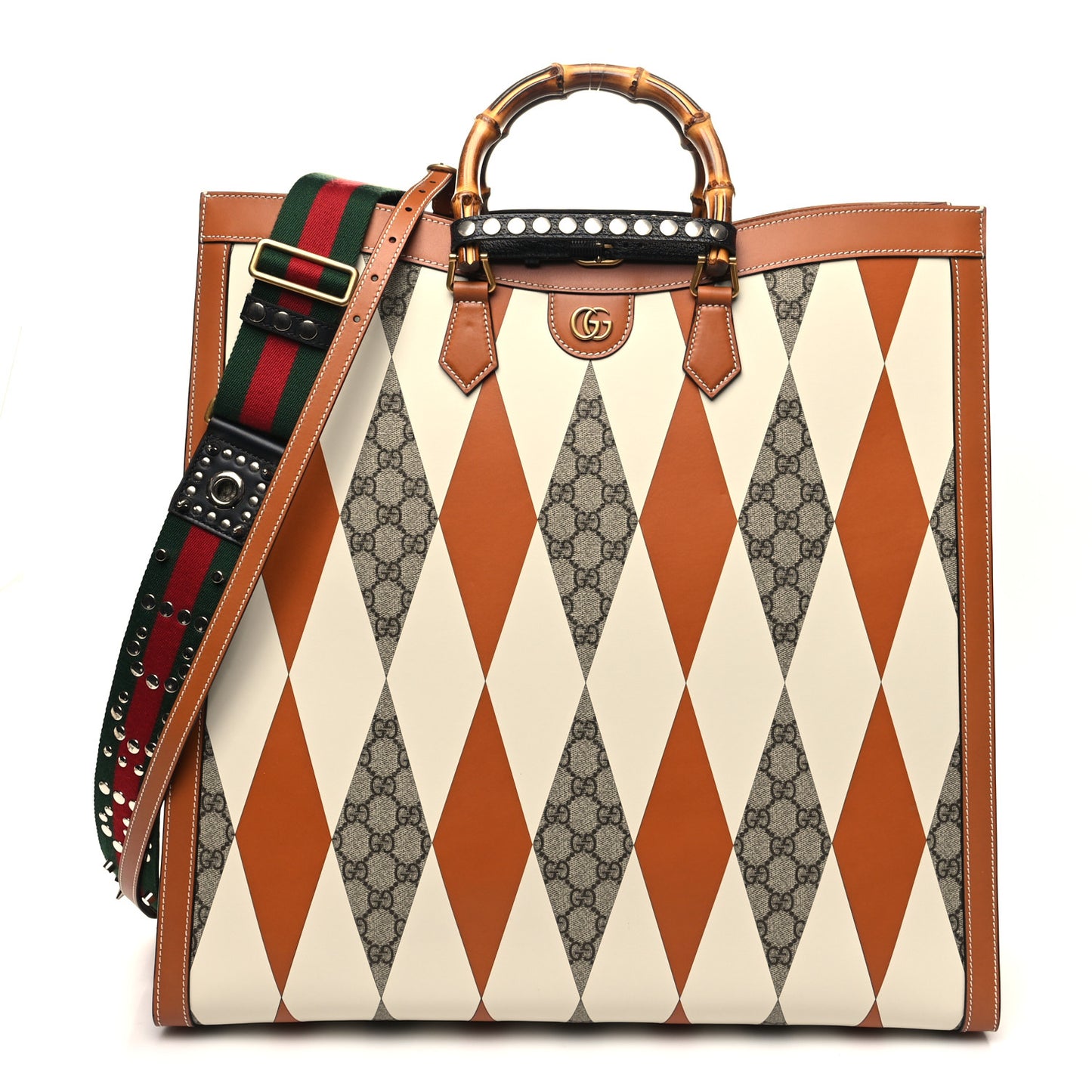 GG Supreme Monogram Boarded Dyana Calfskin Rhombus Print Studded Maxi Diana Tote Bag Beige Ebony Mystic White Hazel Brown Black