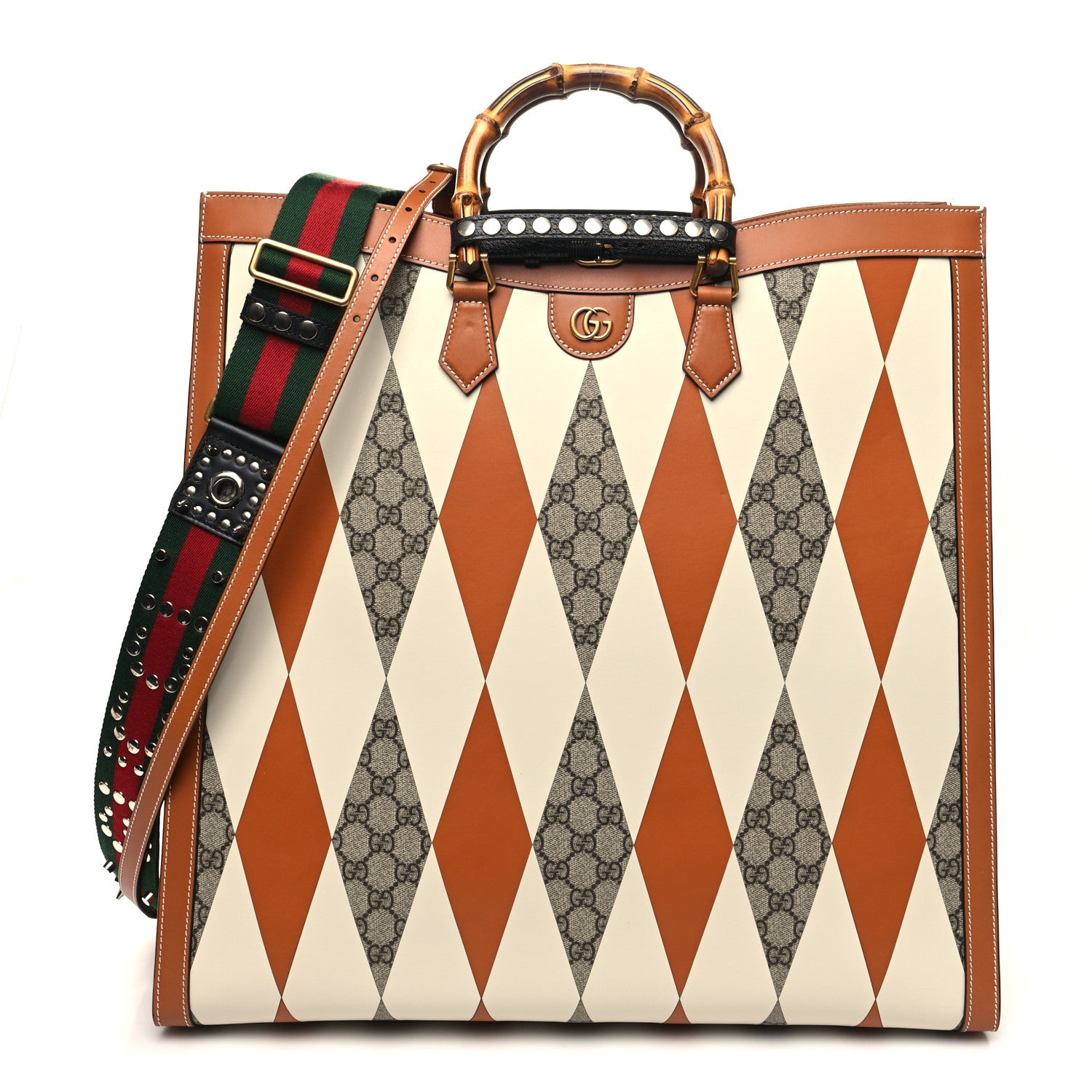 Gucci GG Supreme Monogram Boarded Dyana Calfskin Rhombus Print Studded Maxi Diana Tote Bag Beige Ebony Mystic White Hazel Brown Black 1 of 10