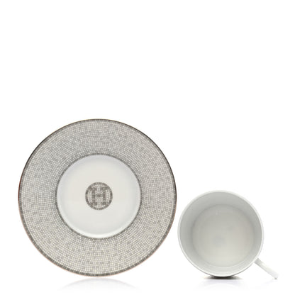 Hermes Porcelain Mosaique Au 24 Platine Tea Cup And Saucer Platinum 5 of 9