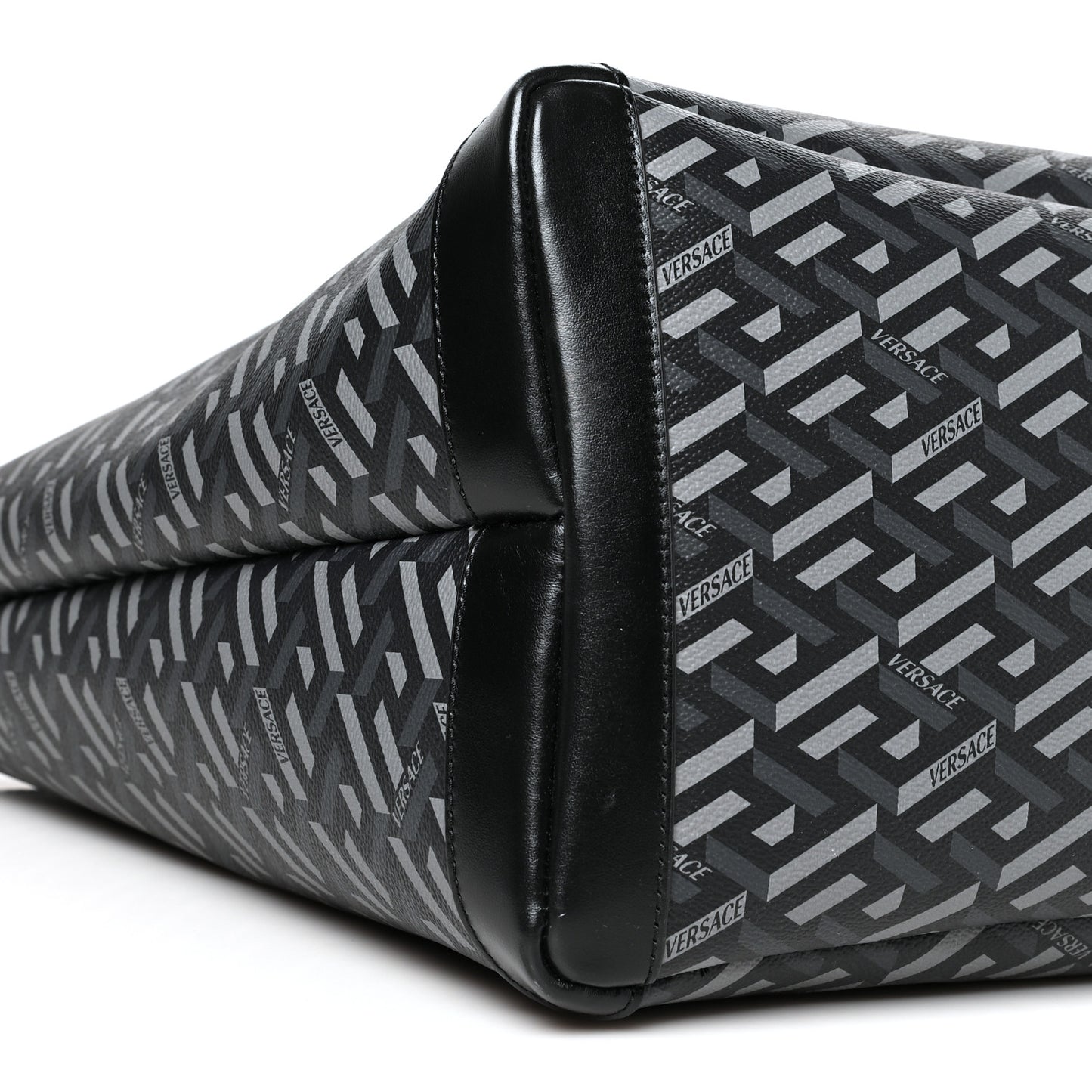 Coated Canvas Calfskin La Greca Signature Shopper Tote Bag Black Grey