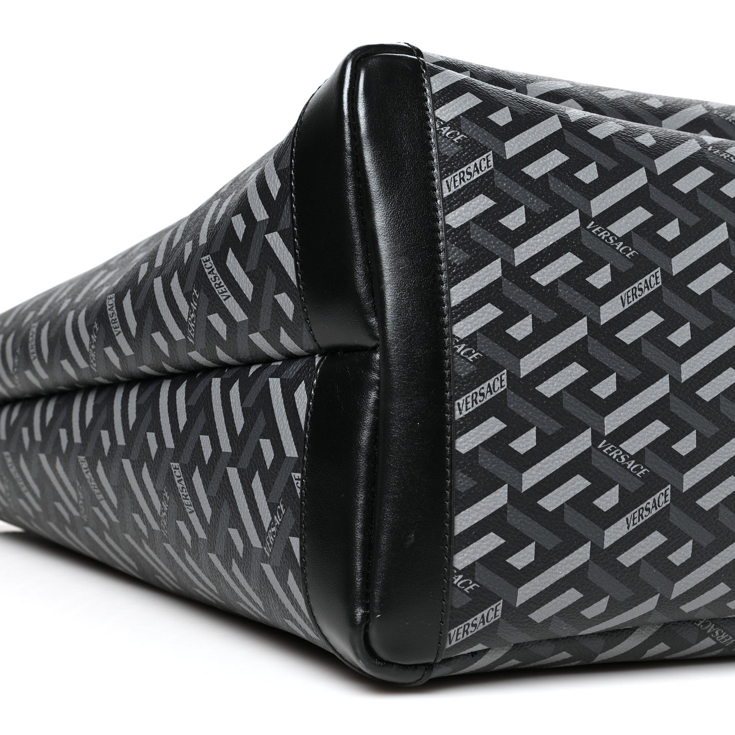 Versace Coated Canvas Calfskin La Greca Signature Shopper Tote Bag Black Grey 9 of 10