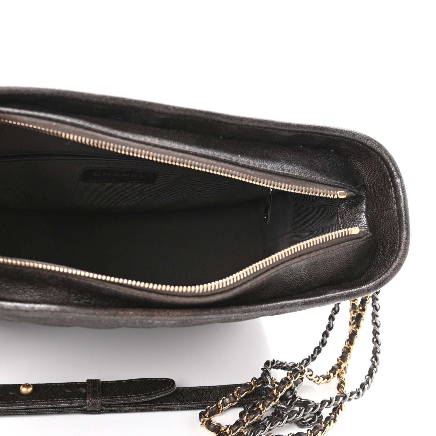 Chanel Metallic Caviar Chevron Quilted Medium Gabrielle Hobo Dark Silver Gold 4 of 10