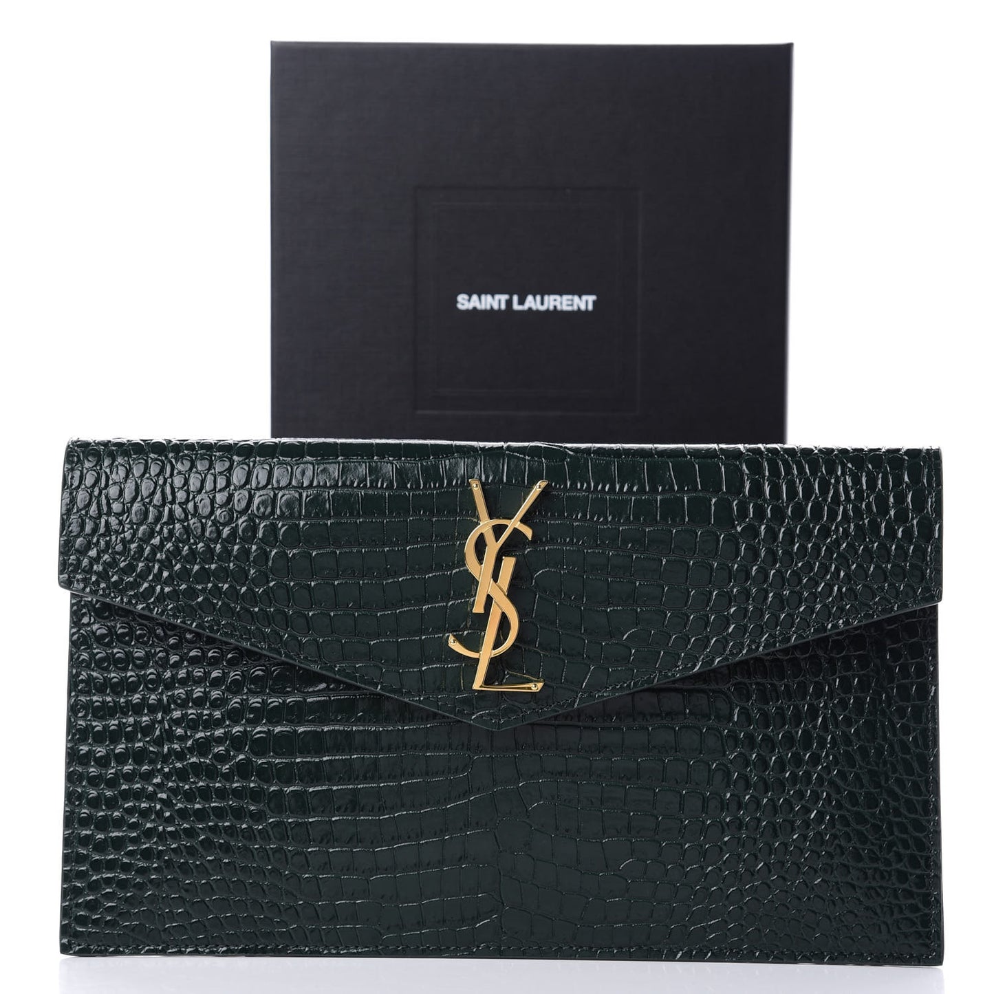 Calfskin Crocodile Embossed Uptown Monogram Clutch Dark Green