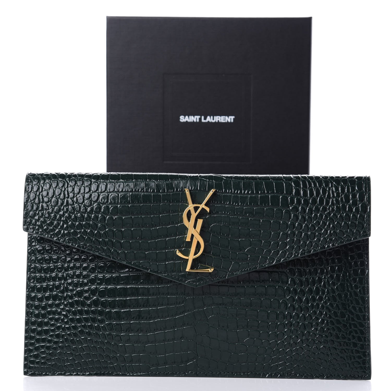 Saint Laurent Calfskin Crocodile Embossed Uptown Monogram Clutch Dark Green 9 of 9