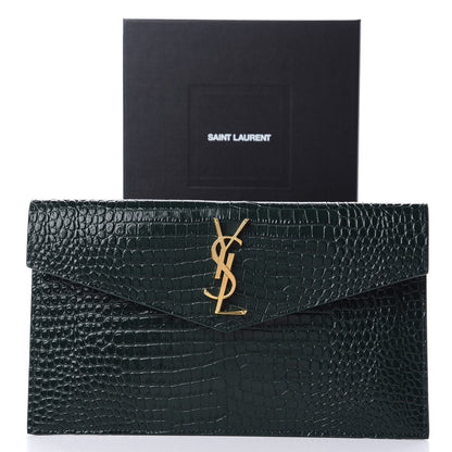 Saint Laurent Calfskin Crocodile Embossed Uptown Monogram Clutch Dark Green 9 of 9