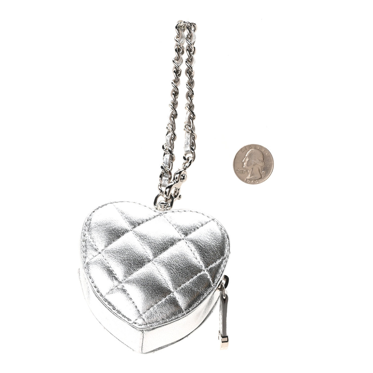 Chanel Metallic Lambskin Quilted CC Mini In Love Heart Bag Charm Silver 2 of 5