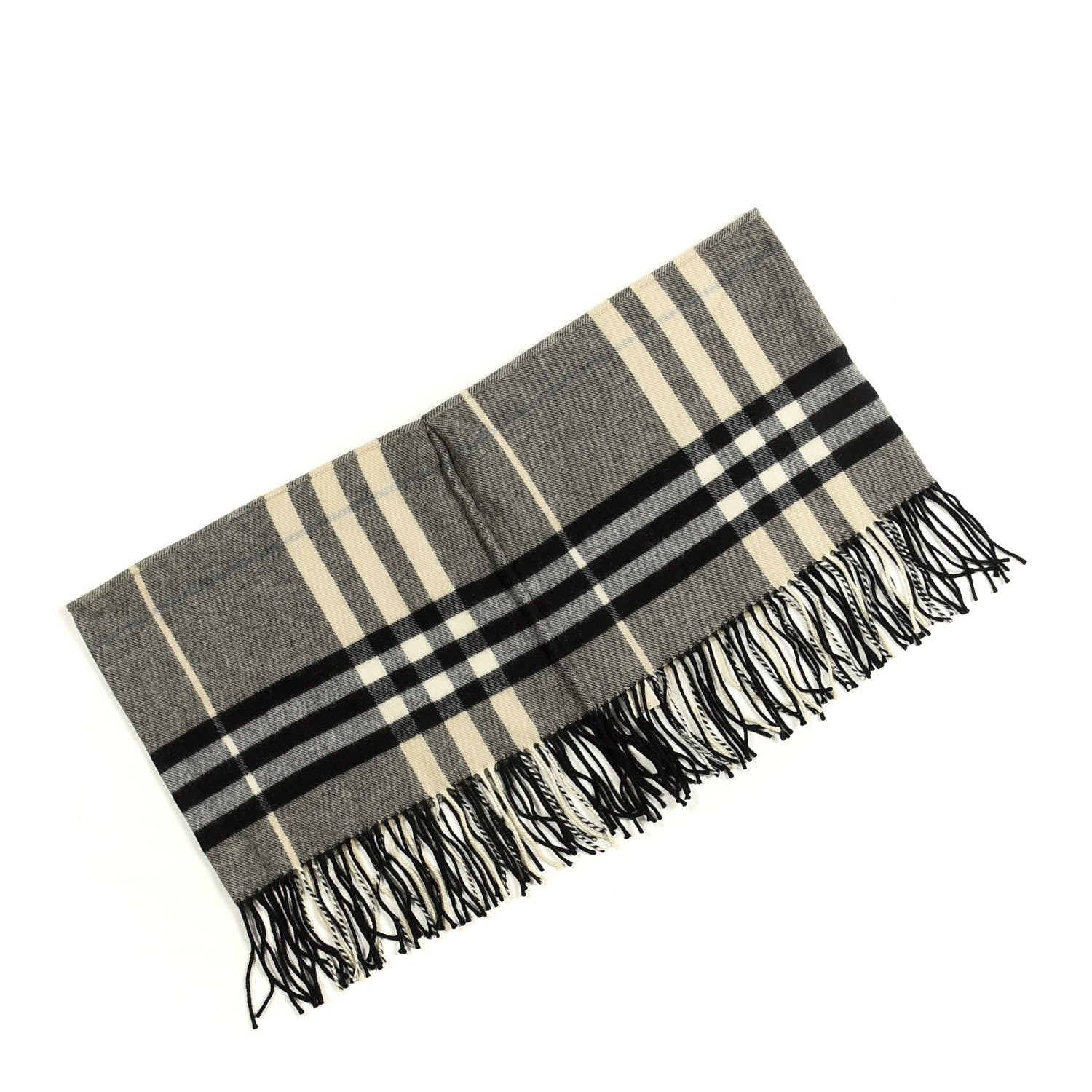 Burberry Wool Cashmere Giant Check Fringe Scarf Pale Grey 2 of 5