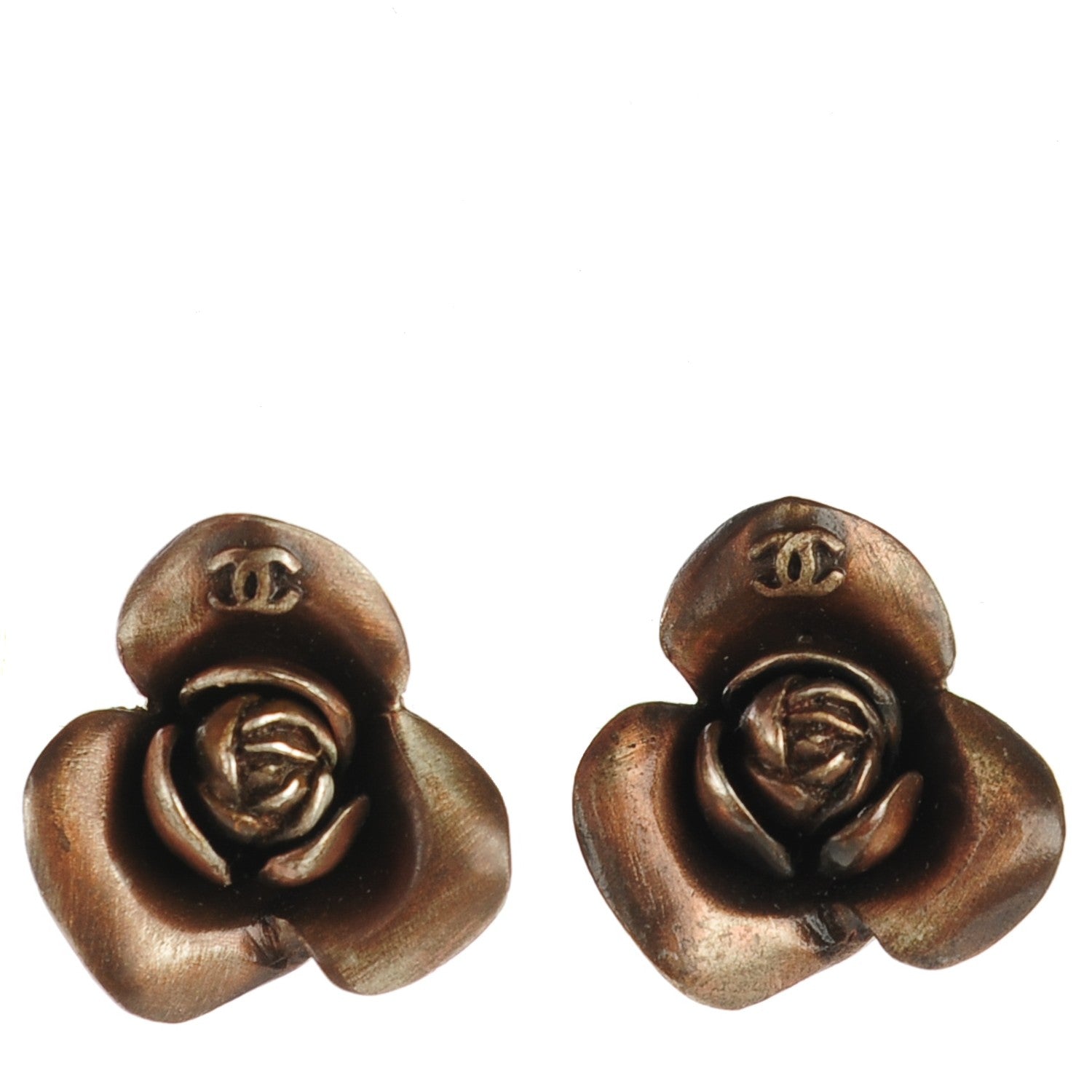 Chanel 14K Gold and Bronze Camellia CC Earrings 1 of 5